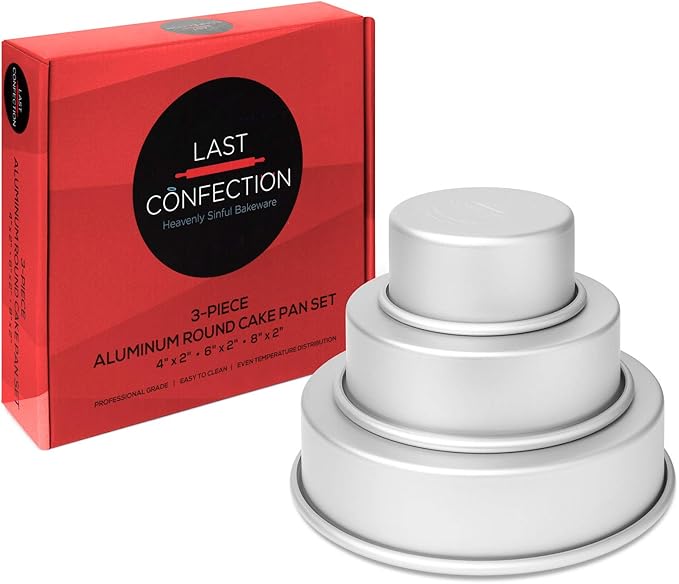 LAST CONFECTION 3-Piece Round Cake Pan Set - Includes 4", 6" and 8" Aluminum Pans 2" Deep