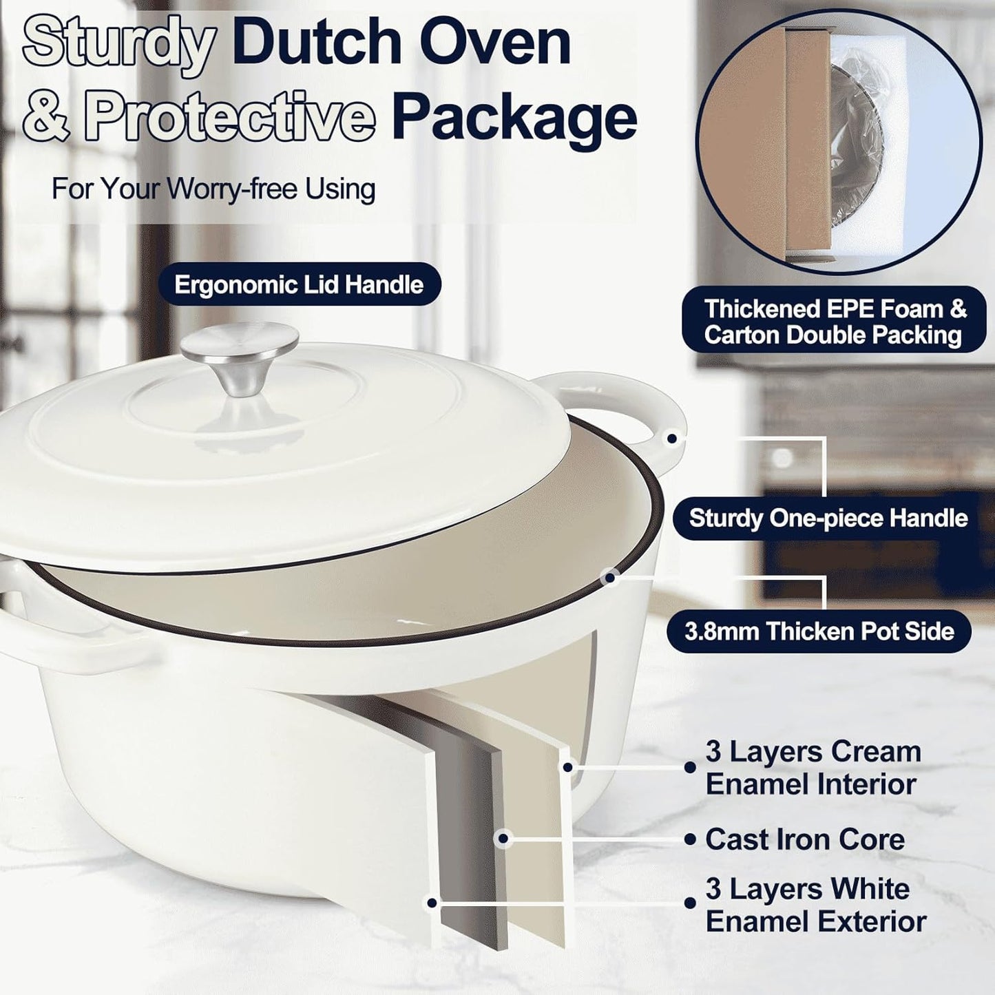 P&P CHEF 6QT Enameled Dutch Oven, Cast Iron Dutch Oven Pot with Lid for Bread Baking, Enameled Casserole Pot for Roasting Braising Stewing Frying Simmering, Various Stoves & Easy Clean, White