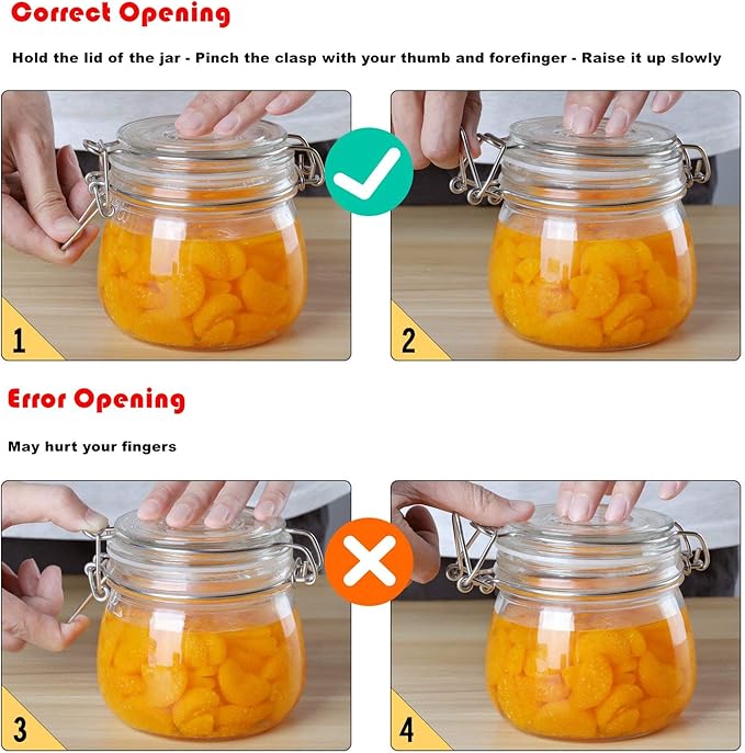 ComSaf Airtight Glass Canister Set of 6 with Lids 17oz Food Storage Jar Round - Storage Container with Clear Preserving Seal Wire Clip Fastening for Kitchen Canning Cereal,Pasta,Sugar,Beans,Spice