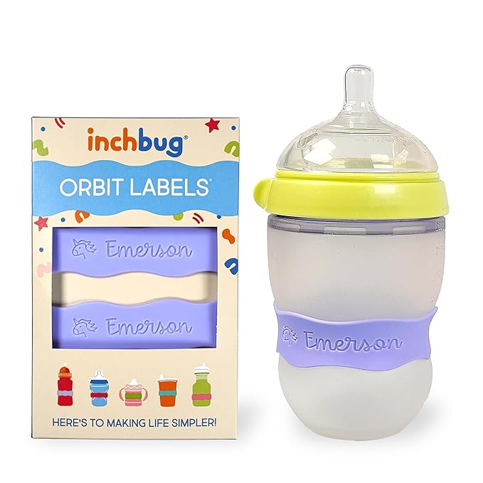InchBug Orbit Labels - Baby Bottle Name Labels for Daycare, Sippy Cup Bands - Engraved Silicone, Reusable, Dishwasher Safe, Matching Color Personalization, 4-Pack (Lavender Gelato)