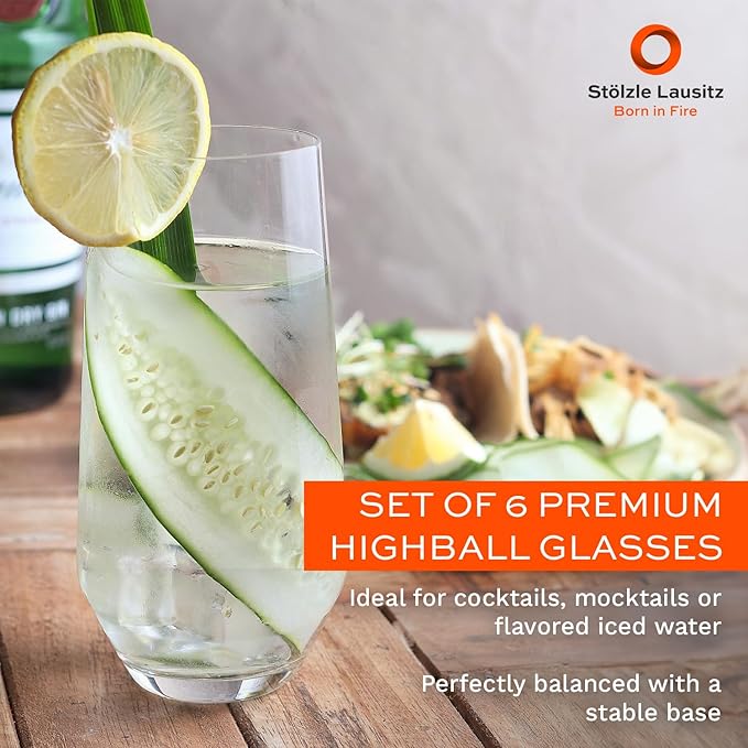 Stölzle Lausitz Crystal Highball Glasses Set of 6 (Revolution). Dishwasher Safe High Ball Glass (13.25 fl oz). Durable Tall Drinking Glasses Set of 6 - Genuine Stölzle Glassware