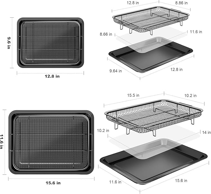 Air Fryer Basket, OPENICE 2 Set Air Fryer Pan and Crisper Tray for Oven, Non-stick Oven Air Fryer Basket for Baking and Crispy Foods - Black