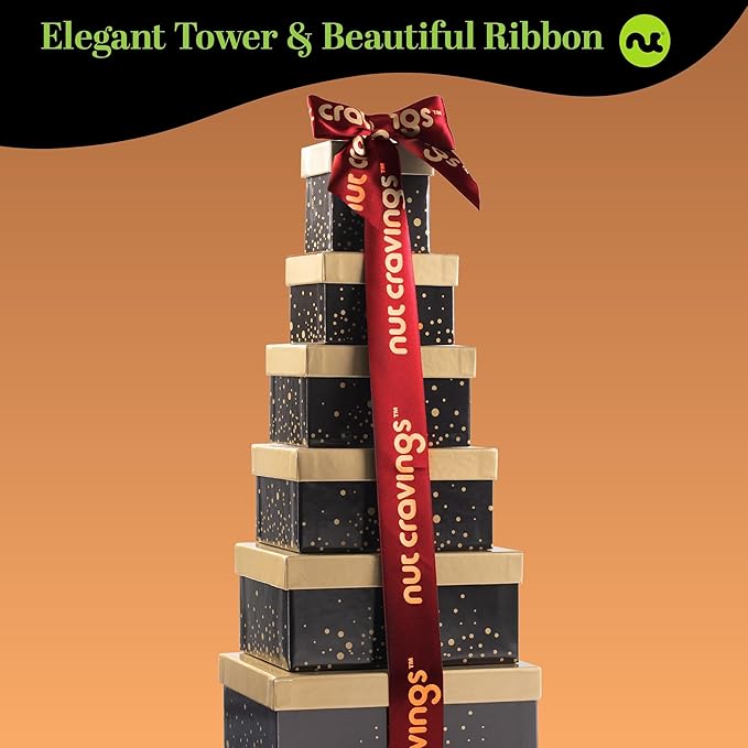 NUT CRAVINGS - Mixed Nuts Gift Basket Black Tower + Heart Ribbon (12 Assortments) Food Arrangement, Healthy Snack Care Package, Food Assortments