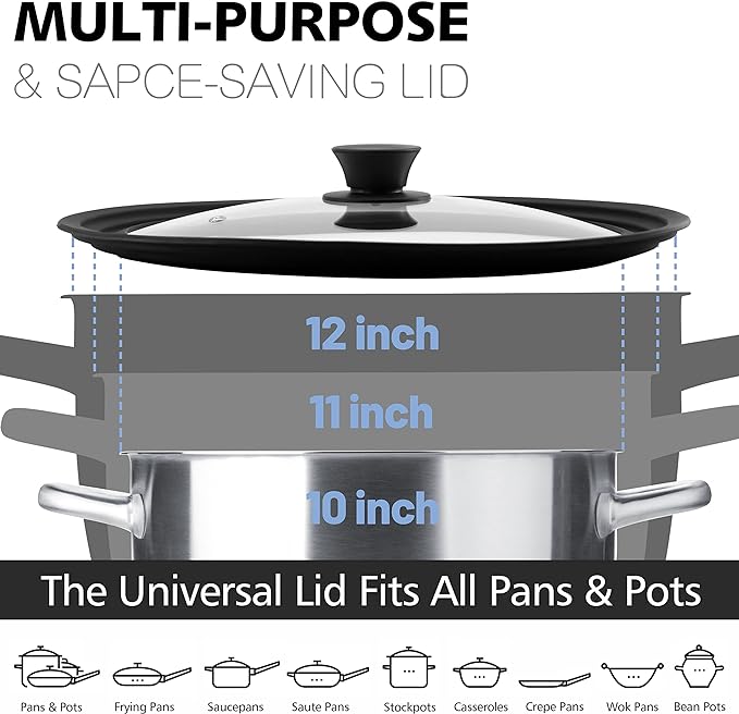 Anaeat Silicone Universal Lid for Pots, Pans and Skillets - Tempered Glass Covered with Heat Resistant Silicone Rim Fits 10", 11" and 12" Diameter Cookware -Easy to Use Replacement Frying Pan Cover