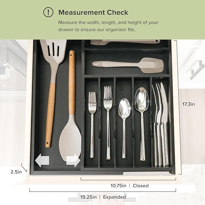 Premium Silverware, Flatware and Utensil Organizer for Kitchen Drawers, Food-Safe Contract Grade, Expandable from 10.5 to 19 In, Black Bamboo