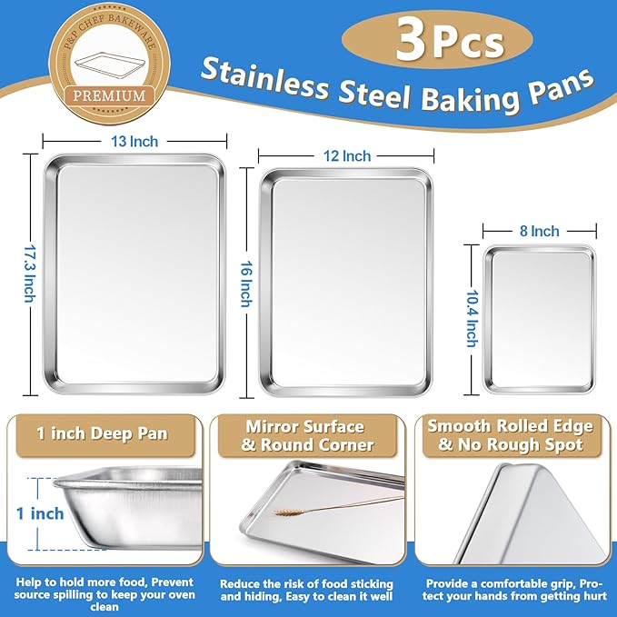 P&P CHEF 17.5 + 16 + 10.4 Inch Baking Sheet and Rack Set, Stainless Steel Cookie Sheets Oven Baking Pans Trays with Cooling Racks for Cooking & Roasting, Oven & Dishwasher Safe, (6Pcs)
