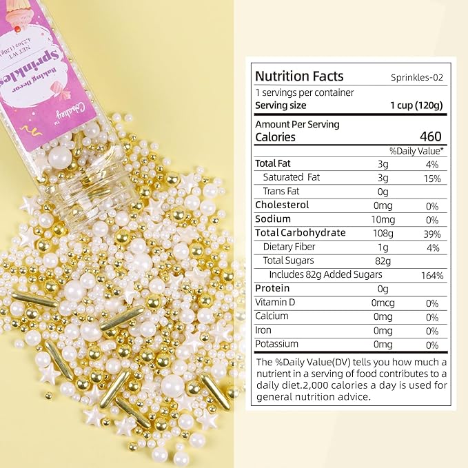 White Deluxe Gold Sprinkles for Cake Decorating 4.23ounce - Sugar Mix Contains Star & Pearl Sprinkles for Cupcake Toppers, Ice Cream, Candy, Cookie Decorations - Holiday Party Supplies