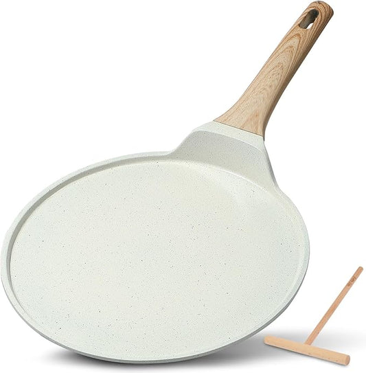 ESLITE LIFE 11 Inch Crepe Pan with Spreader, Nonstick Ceramic Flat Skillet Dosa Tawa Comales Para Tortillas Pancake Pan, PTFE & PFOA Free, White