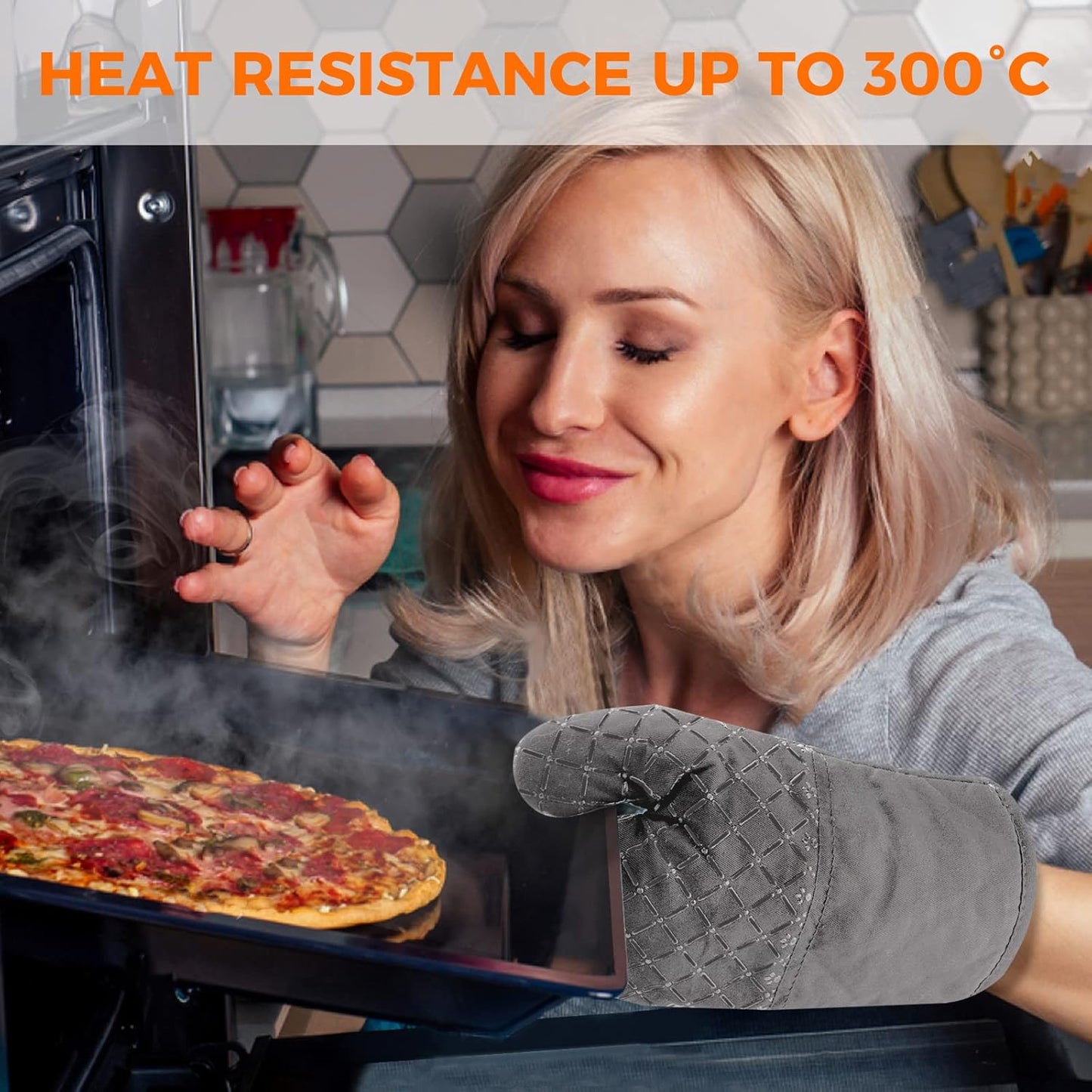 2 Pcs Oven Mitts Heat Resistant for Kitchen, Kitchen Oven Gloves, Long Oven Mitts and Pot Holder with Non-Slip Silicone Stripe Soft Cotton Lining, Silicone Oven Mitts for Cooking Baking BBQ Dark Grey