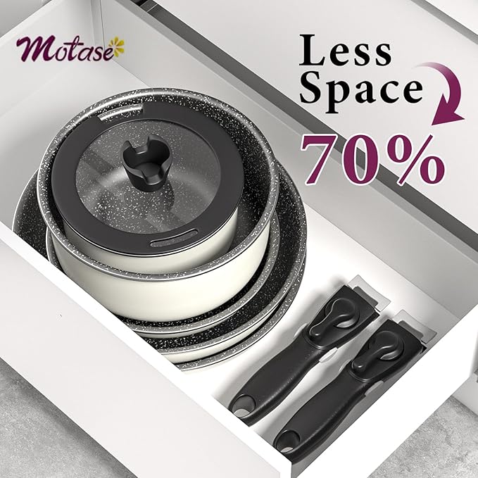 12pcs Pots and Pans Set, Nonstick Cookware Sets Detachable Handle, Induction Kitchen Cookware Set Non Stick with Removable Handle, RV Cookware Set, Oven Safe, White