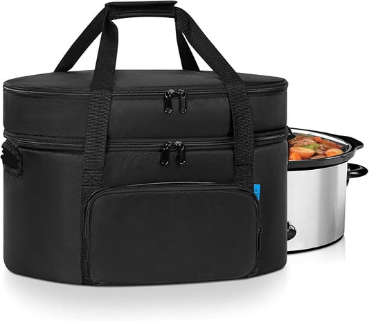 Double-Layer Slow Cooker Travel Bag Compatible with 6, 7, 8 Quart Crock-Pot, Insulated Travel Carrier with Easy to Clean Lining, Black