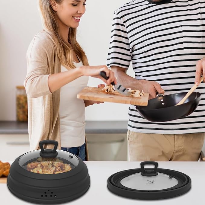 Microwave Splatter Cover Vented Glass Splatter Guard Lid with Collapsible Silicone for Food as Pot Cover Plate 10.8 inch for 6 7 8 9 10 inch Plate Bowl