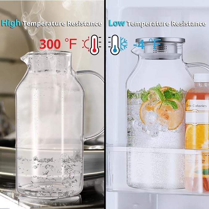 3 Liter 101 oz Glass Pitcher with Lid and Spout, Bivvclaz Glass Water Pitcher for Fridge, Glass Carafe for Hot/Cold Water, Iced Tea Pitcher, Large Jug for Coffee, Juice and Homemade Beverage