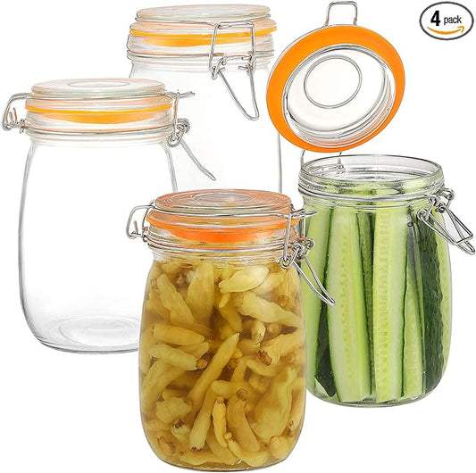 DANALLAN Wide Mouth Mason Jars, 4Pcs 32 oz Glass Jars with Airtight Lid Large Mason Canning Jars Clear Storage Canister Jars with Measurement Marks for Canning Flour Jam Jelly Coffee Sugar Beans