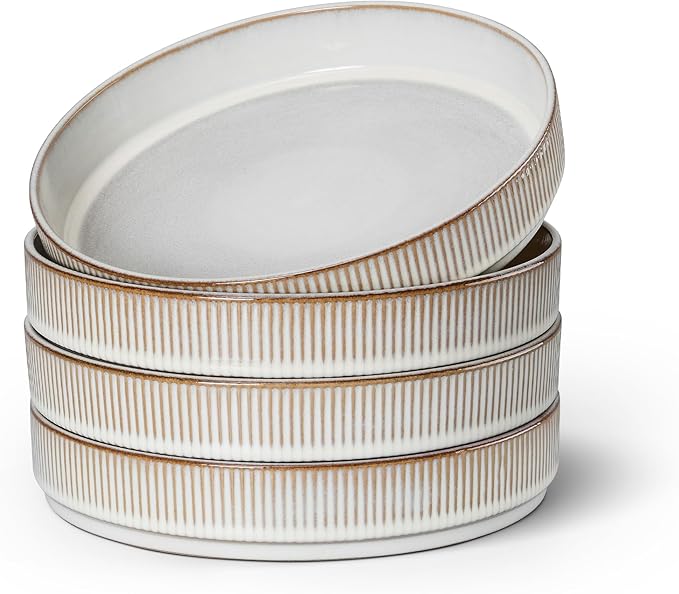 E-far Pasta Bowls Set of 4, 35oz Large Salad Bowl Plate for Dinner Serving Soup, Wide & Shallow Ceramic Stoneware Pasta Plates, Microwave & Dishwasher Safe, Reactive Glaze Texture-Stripe, Creamy Beige