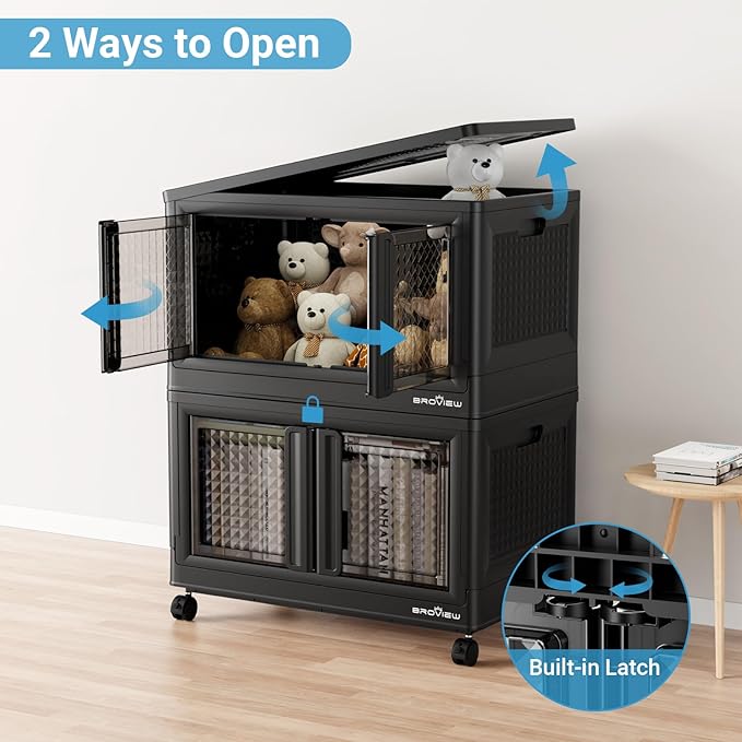 300Qt Stackable Storage Bins with Lids, 75Gal Closet Organizers and Storage Drawer, Plastic Collapsible Storage Bins with Doors, Heavy Duty Store Box Cabinet for Home Office, 3Pack Black