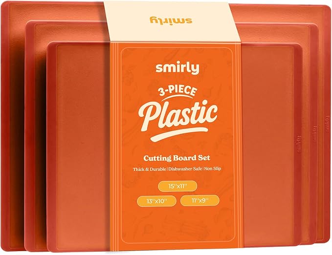 SMIRLY Plastic Cutting Board Set 3 Pieces, Non-Slip Dishwasher Safe Chopping Boards for Kitchen, Orange