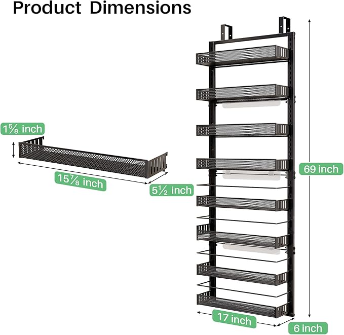 Over the Door Pantry Organizer - 8 Tier Adjustable Hanging Door Spice Rack, Large Capacity for Kitchen Pantry Storage (Black)