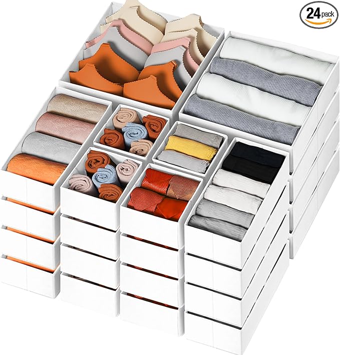 Criusia Drawer Organizer Clothes, 24 Pack Dresser Organizer Bins for Nursery Bedroom, Closet Organization and Storage Dividers for Clothing, Baby Clothes, Underwears, Socks (White)