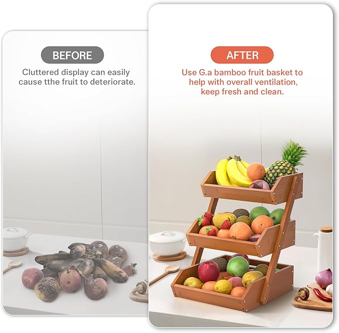 G.a HOMEFAVOR Fruit Basket for Kitchen, 3-Tier Fruit Bowl for Kitchen Counter, Vegetable Storage Stand for Fruit Shop, 15 mm Thickness, Brown