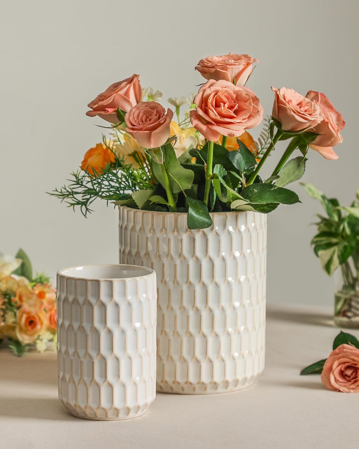 Utensil Holder, 7.3"+5.4" Ceramic Kitchen Utensil Holder for Countertop, Large Cooking Utensil Crock for Kitchen Counter, Set of 2, Beige