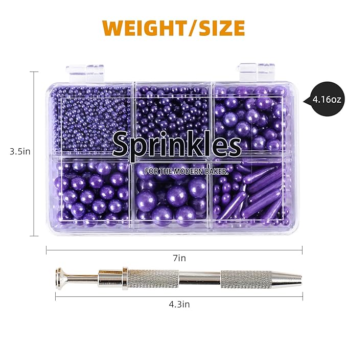 Kasvan Purple Mix Sugar Sprinkles - Edible Candy Pearls with 4-Claw Sprinkle Pen,118g/4.16 Oz, Gift Box Pack, Baking Cake Decorations, Ice Cream Toppings and Cookie Decorating (Purple)