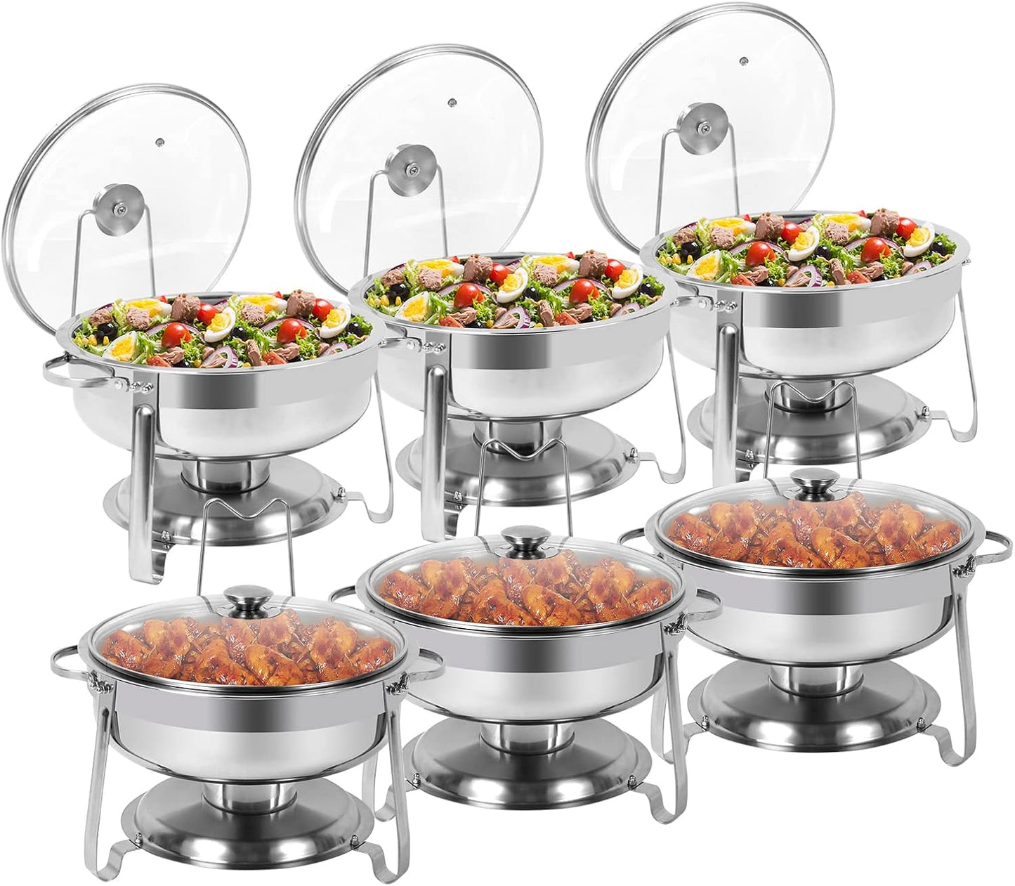 6 Packs Round Chafing Dish Buffet Set, 4 QT Stainless Steel Chafing Dishes with Glass Lid & Lid Holder, Catering Food Warmers for Parties Buffet Weddings Events