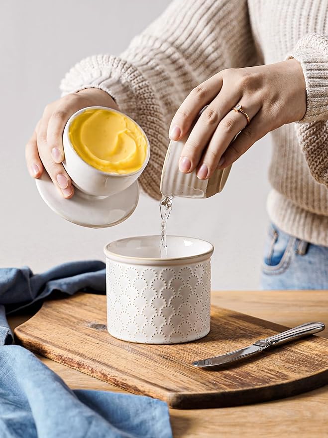 LE TAUCI Butter Crock, Butter Dish with Lid, Butter Container for Counter with Water Line, Embossed French Butter Keeper for Spreadable Butter, Suit For Housewarming - Set of 1, Arctic White,Fireworks