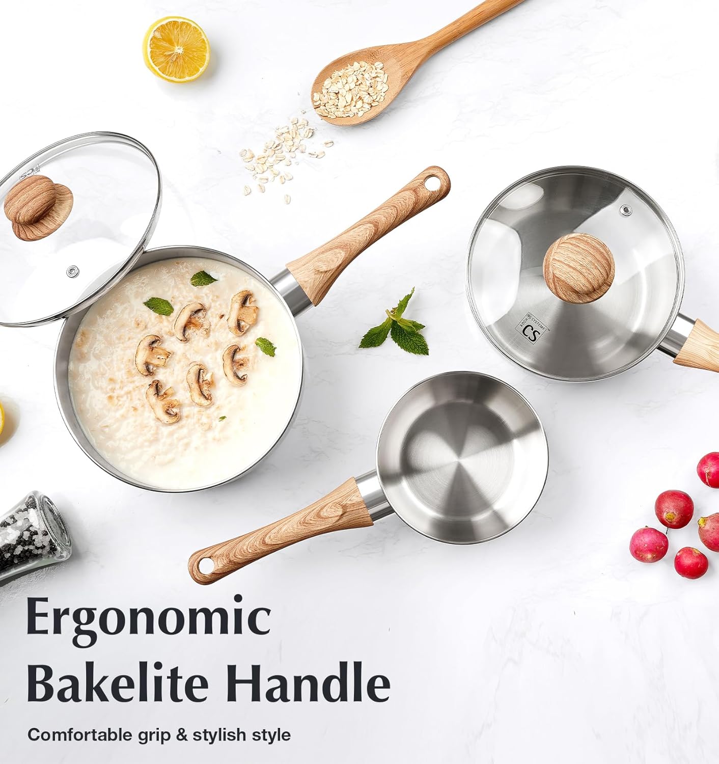 KOCH SYSTEME CS Stainless Steel Saucepan 6PCS, Stainless Steel Pot 1.5QT & 2QT & 3QT with Heat-resistant Bakelite Handle, Tri-ply Base Sauce Pan, Induction Compatible Pots, Pot Set 6 Piece