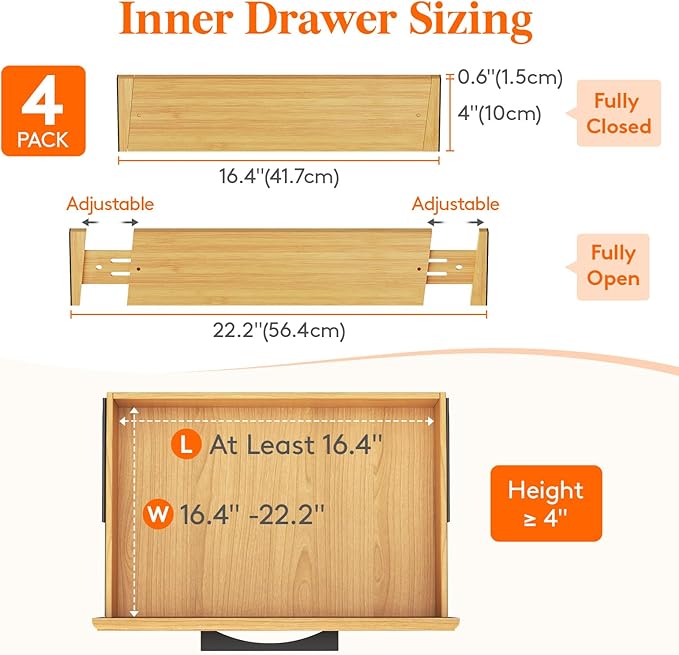 Lifewit 4 Pack Drawer Dividers Bamboo 4" High, 16-22" Adjustable Drawer Organizers for Clothes, Expandable Dresser Separators in Bedroom/Bathroom/Kitchen/Fridge/Office Organization and Storage