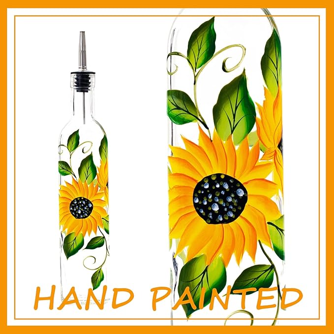 17oz Hand Painted Glass Olive Oil Bottle Dispenser - 500ml Green Oil & Vinegar Cruet with Pourers - Olive Oil Carafe Decanter for Kitchen (sunflower2)