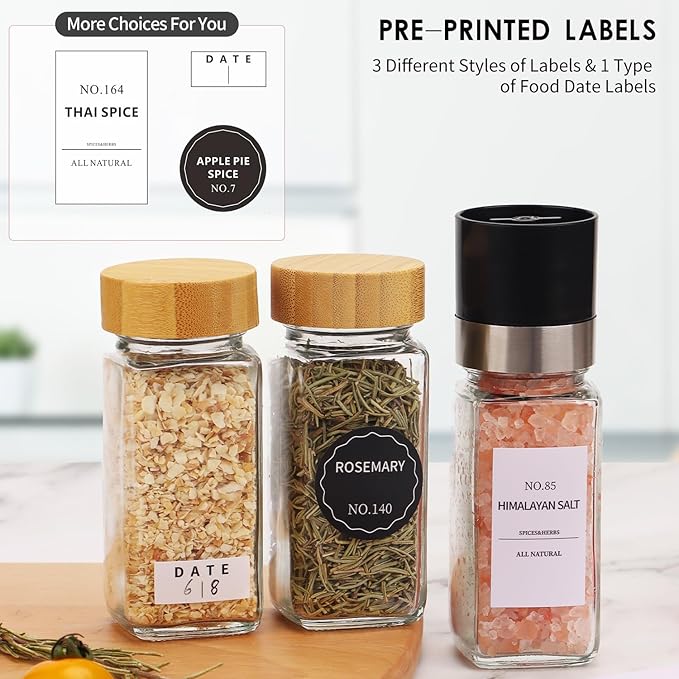 Spice Jars - 24 Pcs, Spice Jars with Labels, Glass Seasoning Jars with Bamboo Lids, Seasoning Containers,Empty Glass Spice Container Set , Seasoning Organizer, Kitchen Set, with Pepper Grinder