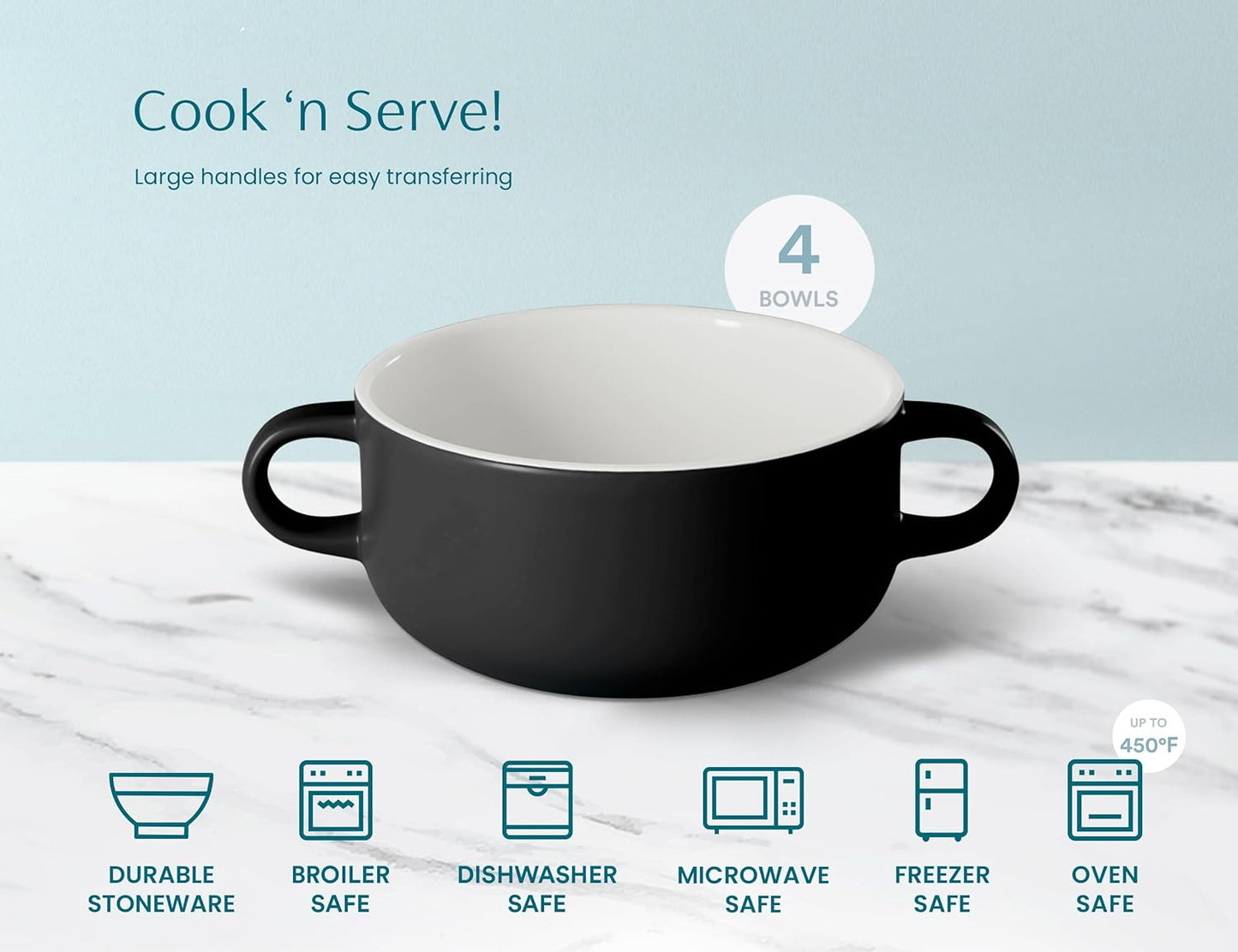 Kook Soup Crocks, Ceramic Bowls, Broil, Oven, Microwave and Dishwasher Safe, with Handles, For Casserole, Pasta, Cereal, 18 oz, Set of 4 (Black)