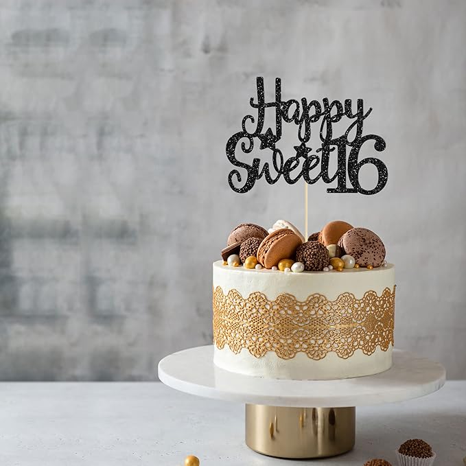 Gyufise 1Pc Happy Sweet 16 Cake Topper Glitter 16th Birthday Cake Pick for Cheers to 16 Years Old 16th Birthday Party Cake Decorations Supplies Black