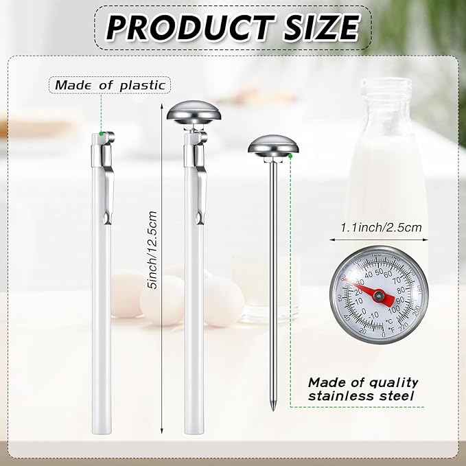 Xuhal 6 Pcs Stainless Steel Kitchen Thermometer with 5 Inch Long Stem 1 Inch Dial Thermometer Milk Frothing Food for Oven Probe Meat Grill BBQ Cooking Chocolate Water(White)