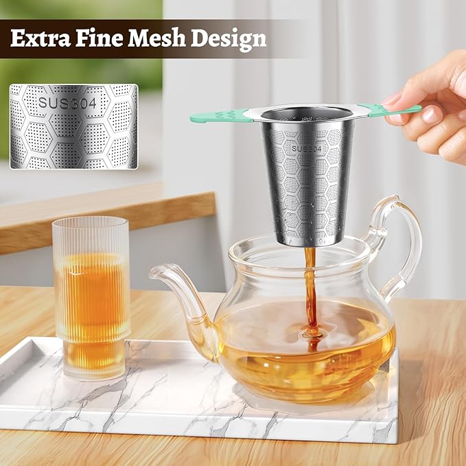 Tea Infuser for Loose Leaf Tea,18/8 Stainless Steel Tea Infuser with Heat Proof Silicone Handles,Extra Fine Mesh Tea Strainers Filter Fine Tea Leaves Effectively,Fits TeaPots/Mugs-Green