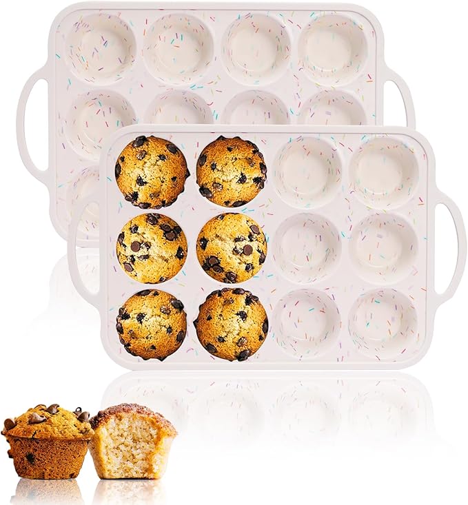 Silicone Muffin Pan, 12 Cups Muffin Tin Baking Mold With Reinforced Stainless Steel Frame Inside, Nonstick Bakeware Cupcake Pan BPA Free, 2PCS