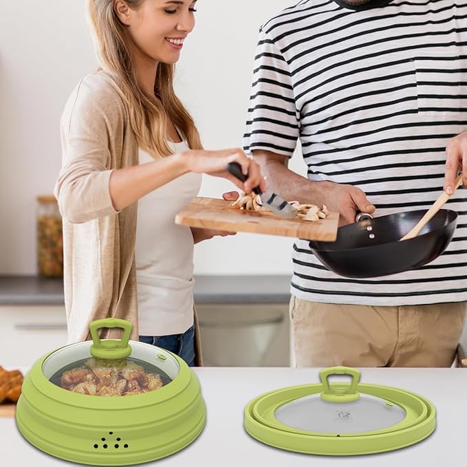 Microwave Splatter Cover Vented Glass Splatter Guard Lid with Collapsible Silicone for Food as Pot Covers Plate 10.8 inch for 6 7 8 9 10 inch Plate Bowl