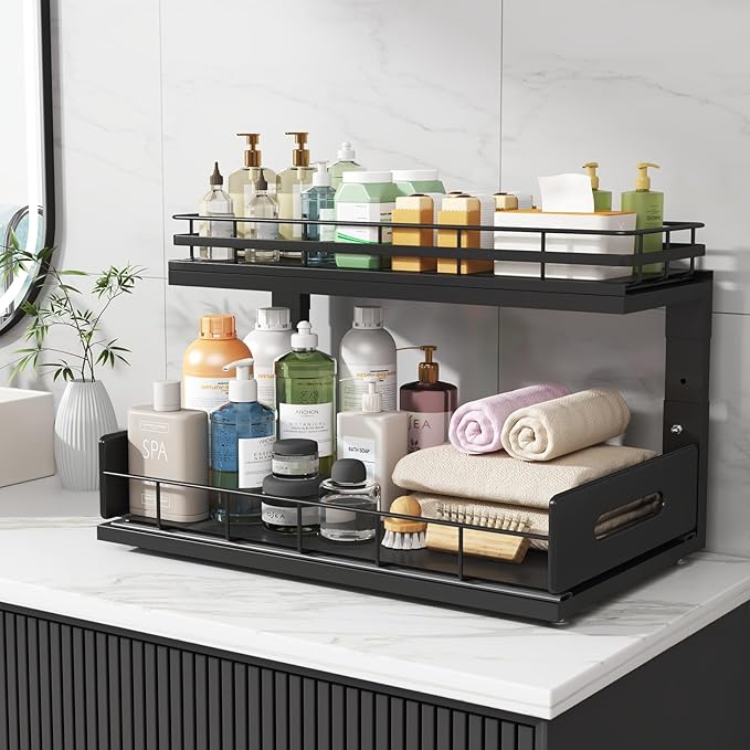 2 Pack 18 IN Depth Under Sink Organizer with Smooth Ball Bearing Slides,2-Tier Pull Out Cabinet Storage,Slide Out Drawers for Bathroom&Kitchen,Rust-resistant Coating,Height Adjustable-Black