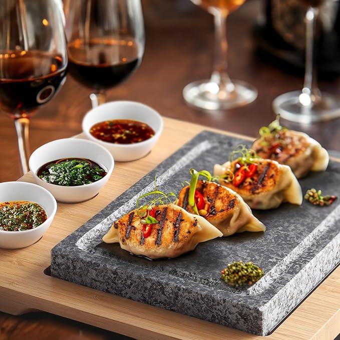 Artestia Professional Steak Stone Grill Set - 2pcs Natural Granite Cooking Stones for Indoor & Outdoor BBQ Hibachi - Heat-Resistant Stones (2 Granite Stone+1 Bamboo Tray+3 Sauce Bowls)