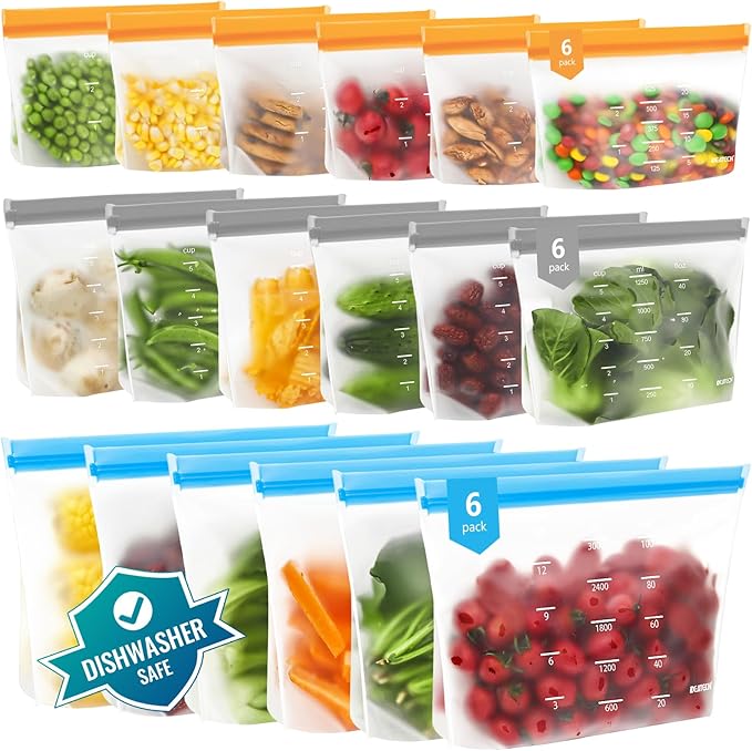 Dishwasher Safe Reusable Storage Bags Stand Up - BPA Free Reusable Sandwich Bag - Leakproof Gallon Freezer Bags, Silicone Food Storage Bags - Multicolor 6 Gallon + 6 Sandwich + 6 Snack Bags