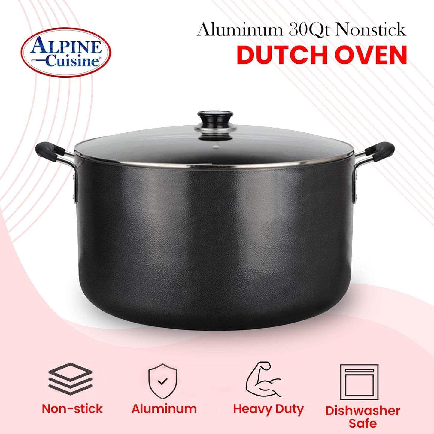 Alpine Cuisine 30 Quart Non-stick Stock Pot with Tempered Glass Lid and Carrying Handles, Multi-Purpose Cookware Aluminum Dutch Oven for Braising, Boiling, Stewing