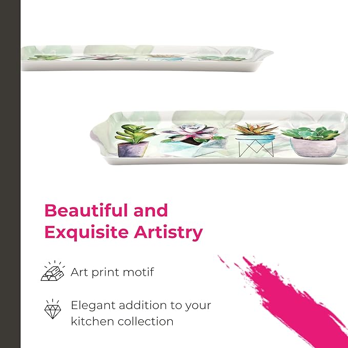 Pimpernel Succulents Rectangular Snack Tray with Handles - 15.1" x 6.5" Melamine Botanical Platter for Coffee, Breakfast, or Sweets - Dishwasher-Safe Decorative Kitchen Server