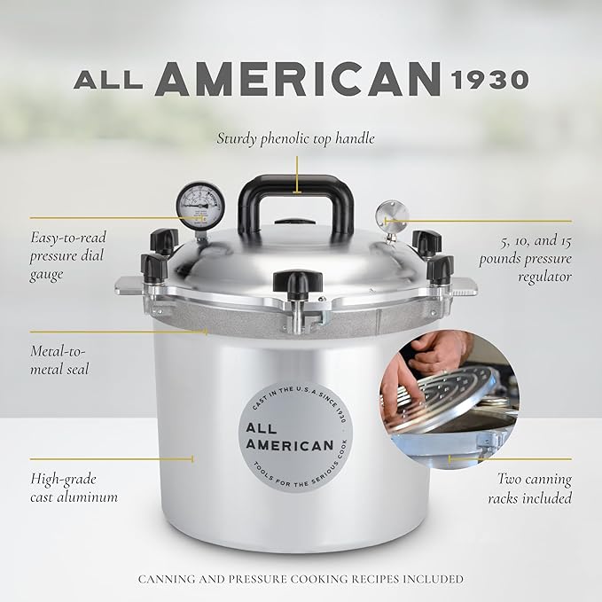 All American 1930: 21.5qt Pressure Cooker/Canner (The 921) - Exclusive Metal-to-Metal Sealing System - Easy to Open & Close - Suitable for Gas, Electric, or Flat Top Stoves - Made in the USA