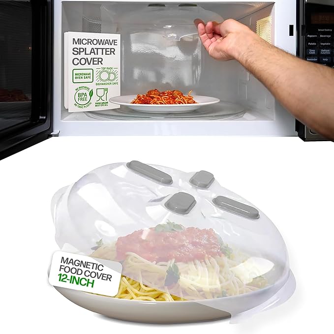 Magnetic Splatter Cover, 12-Inch Clear BPA-Free Food Lid, Vented Plate Guard with Steam Vents, Anti-Splash Microwave Lid, Dishwasher Safe, Space-Saving Magnetic Storage - Gray