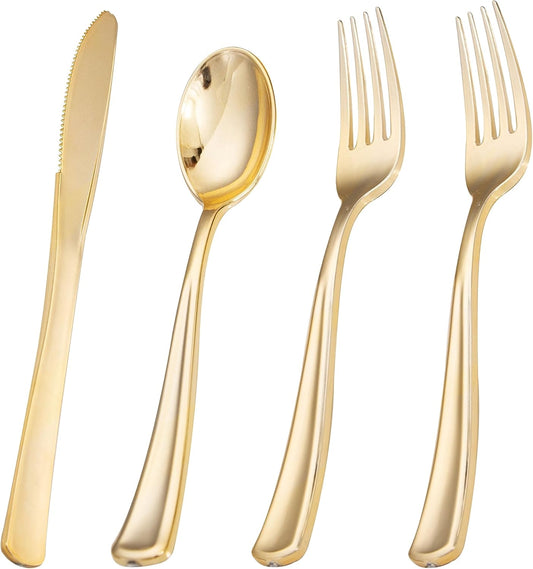 Liacere 200Pcs Gold Plastic Silverware-Gold Plastic Cutlery - Disposable Silverware include 100 Forks 50 Spoons 50 Knives Perfect for Parties&Weddings&Restaurants&Thanksgiving
