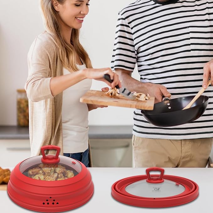 Microwave Splatter Cover Vented Glass Splatter Guard Lid with Collapsible Silicone for Food as Pot Cover 11.8 inch Large Plate for 6 7 8 9 10 11 inch Plate Bowl