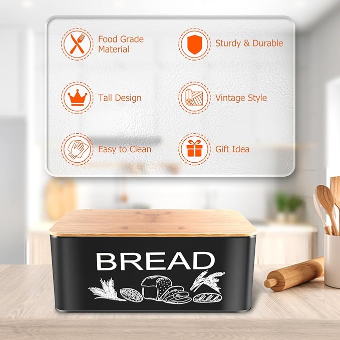 JIGUOOR Black Bread Box, Large Space Saving Vertical Metal Bread Box with Wooden Cutting Board Lid, Holds 2+ Loaves, Farmhouse Bread Bins Kitchen Bread Storage,Kitchen Parts Box 12.99" x 7.08" x 4.72"