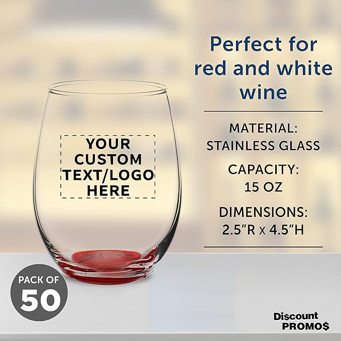 Custom Stemless Wine Glasses in Bulk by ARC Perfection, 15 oz, 50 pack, Personalized Text, Logo, Red or White Wine Glass Set, Red