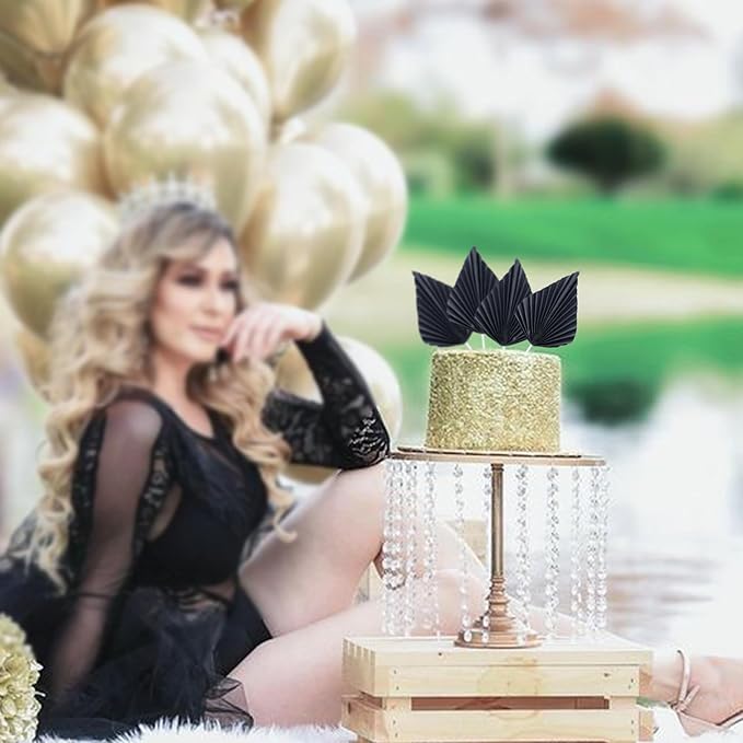 Gyufise 6Pcs Paper Palm Fan Cake Toppers Palm Spear Leaves Fan Cupcake Toppers Cake Insert Decorations Craft DIY Cake Bakeware Decoration for Birthday Party Wedding Party Decor Supplies Black